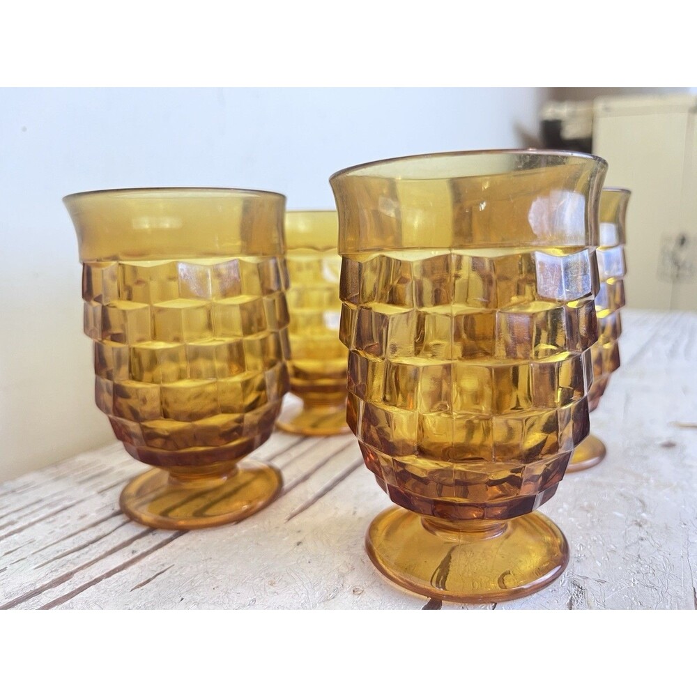 Vintage Indiana Whitehall Amber Footed Cubist 4” Tumblers Glasses (Set Of 4)